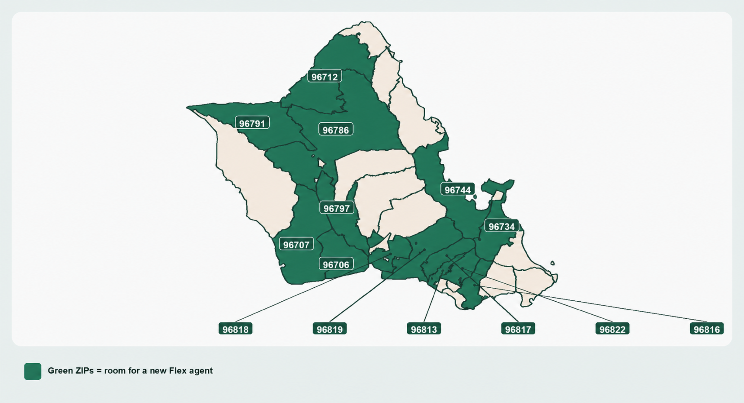 Map of Oahu with the ZIP codes where the Zillow Flex team has room for additional agents highlighted and labeled in green
